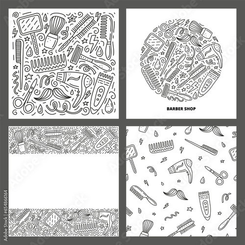 Set of cards with doodle barber shop icons.