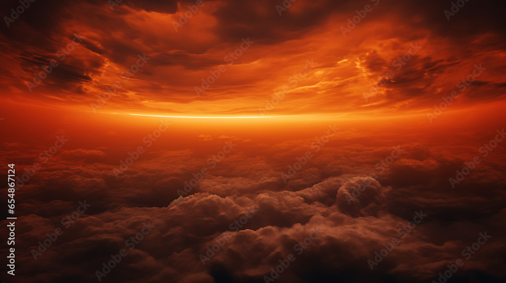 Vibrant Orange Sunset Piercing Through Dramatic Clouds: Aesthetic Background with Dark Yellow Hue and Pseudo-Infrared Appeal