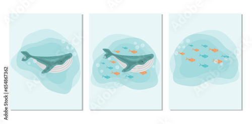 Vector collection of wall art. A whale, a whale with fish, a school of small colored fish, on a blue spot. Wallpaper design for room decoration, room poster, cover, wallpaper.