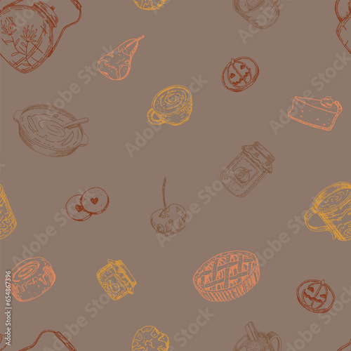 Autumn food, drinks vector seamless pattern. Ornament of cozy beverages, homemade bakery, berry jam, cookies, baked apples and pears. Hand drawn retro style design.