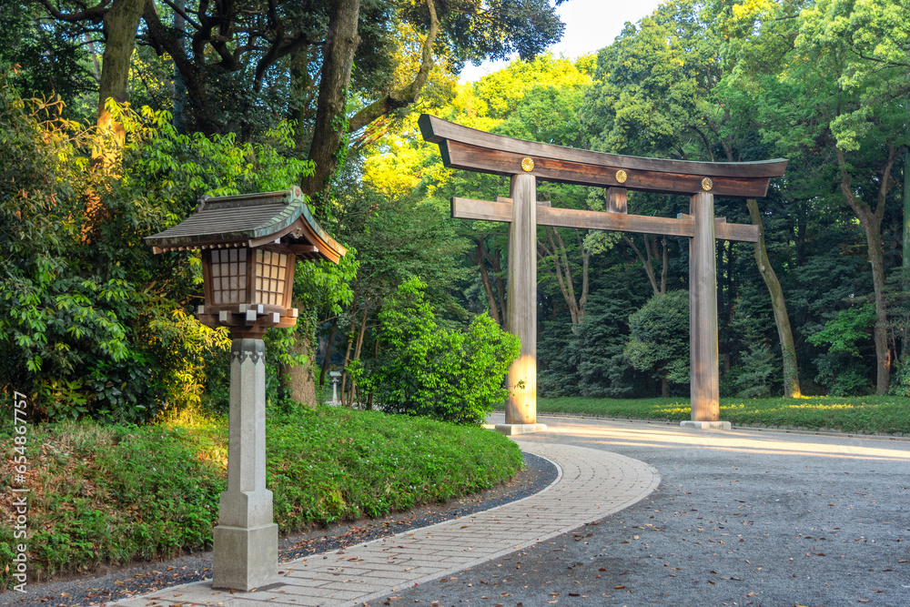 Torii gate leading to the Meiji Shrine complex, Meiji Jingu in Tokyo, Japan Torii gate leading to the Meiji Shrine complex, Meiji Jingu in Tokyo, Japan