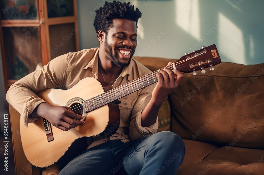 Obraz premium Young african american man playing guitar at home home