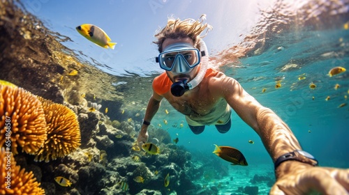 Male Is Snorkeling in the Beautiful Sea in Clear Water photo