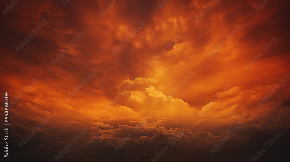 An orange sky that is burning, in the style of moody tonalism, crimson and bronze, ethereal cloudscapes, orange and crimson, commission for, warm tonal range - obrazy, fototapety, plakaty 