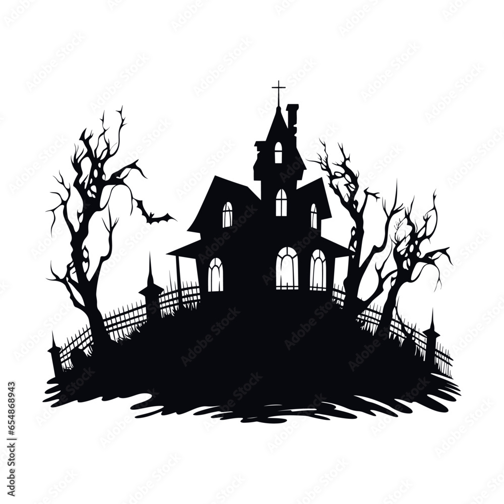 Halloween Haunted house Vector silhouette, Scary house clipart silhouette Halloween house Black Silhouette