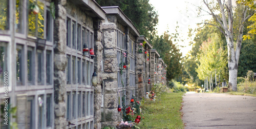 Photography Walls with cremation niches and footpath in the Vinohrady cemetary in Prague, Czech republic, in late summer