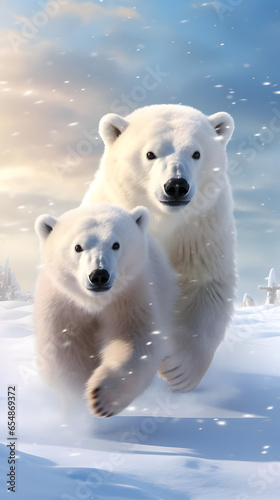 Adorable Polar Bears Frolicking in the Snow, vertical background, 9:16 format photo