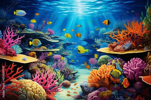 Underwater scene with coral reef and tropical fish. Generative AI. © YULIIA