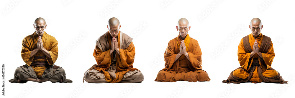 Set of Shaolin monks praying isolated on a transparent or white background in the top view