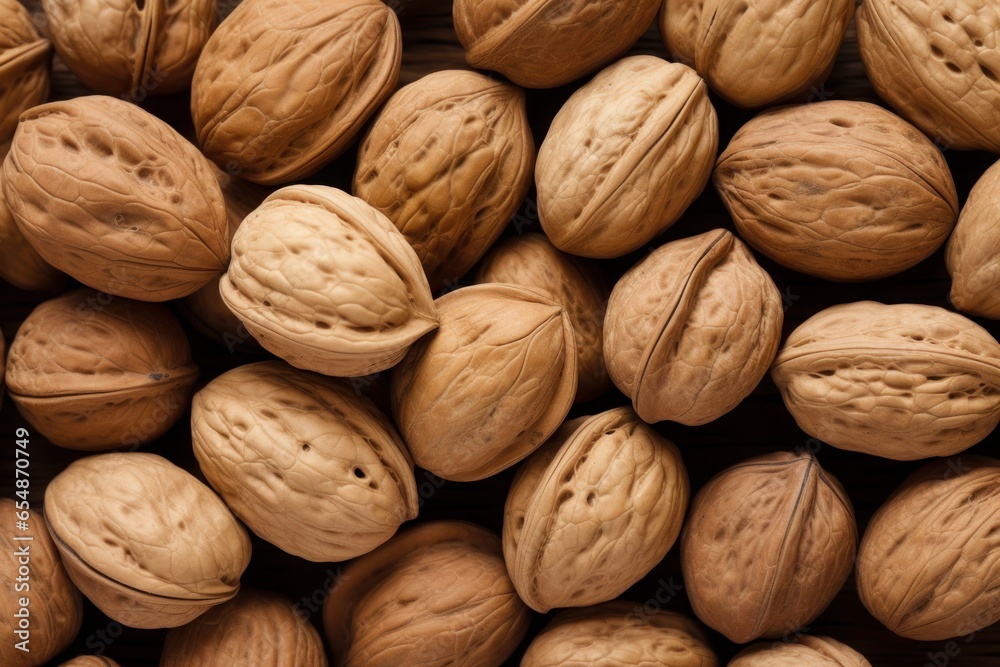 Walnuts on a wooden background. Close up. Top view. Generative AI. Walnuts on a wooden background. Close up. Top view. Generative AI.