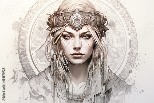 Viking shield maiden tattoo on a white background. Generative AI.