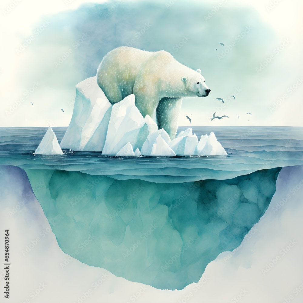 watercolour painting of endangered polar bear on iceberg in ocean Stock ...