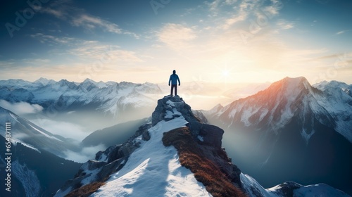 Concept of Success  a Person Standing at the Summit of a Mountain  Overlooking a Vast and Inspiring Landscape. Reaching New Heights and Achieving Dreams.