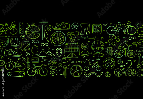 Bicycle time. Types of bicycles, tools and spare parts. Seamless pattern background for your design. Green and black colors
