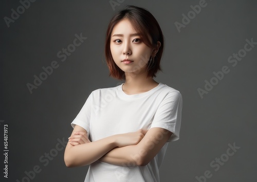 Studio portrait shot of beautiful Asian woman in white t-shirt and stand on white background. AI Generative.