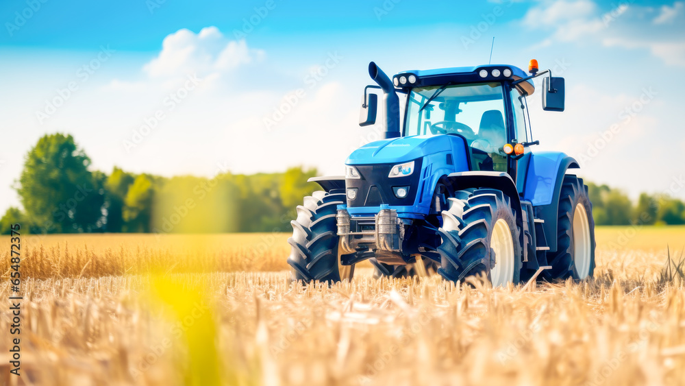 Fototapeta premium Blue modern tractor during the harvest on landscape background with clear blue sky. Agricultural machinery in foreground carrying out work in field. Copy space