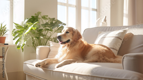 Golden Retriever dog cute sitting at home under natural light
