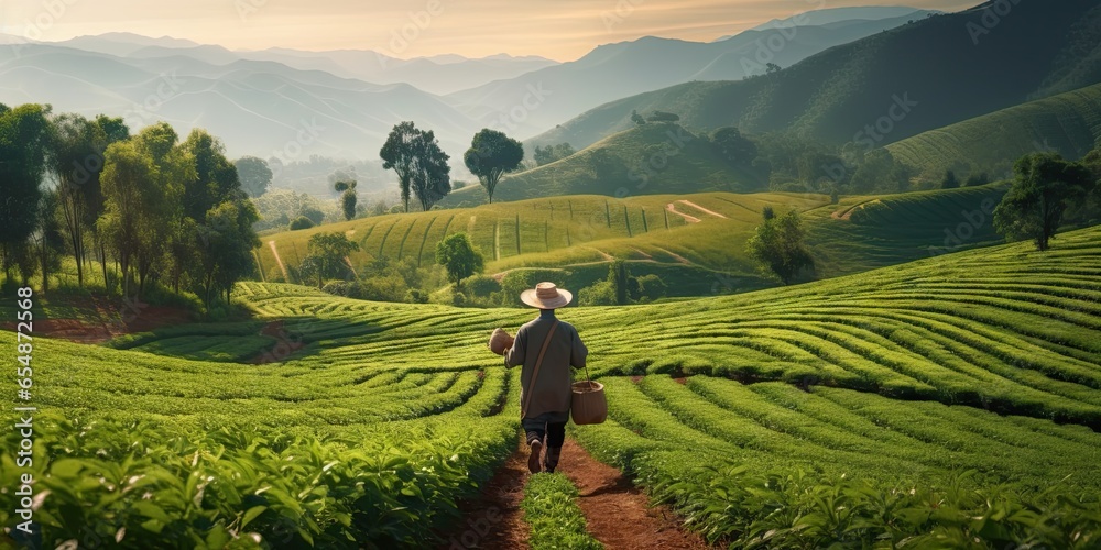Cultivating prosperity. Life of agricultural worker. Morning mist on tea farm. Farmer tale. Sustainable farming. Nurturing nature growing food - obrazy, fototapety, plakaty 