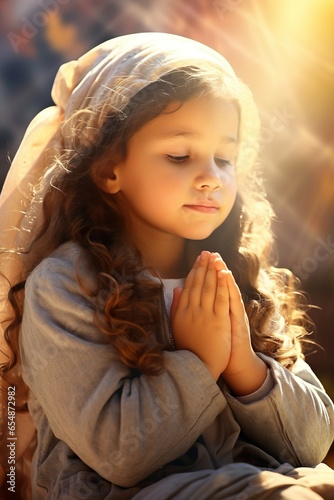 A young praying girl with hands folded at a sunny day