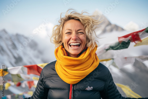 Caucasian happy girl in the Tibetans mountains, close up. AI generative