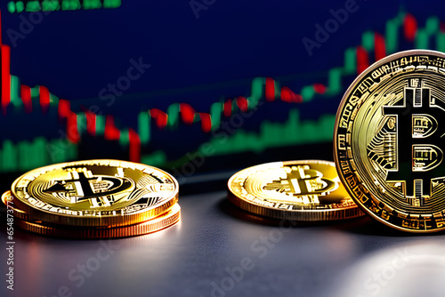 Bitcoin coin on market stock background. cryptocurrency, virtual money photo