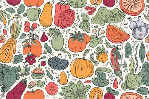 Seamless pattern with various whole and sliced fruits, berries, and vegetables. Summer vector background with juicy fruits, suitable for wallpaper, wrapping paper, fabric, textile, and design.