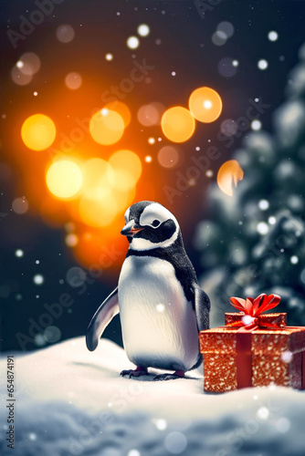 Christmas cute penguin with gift present. Portrait of a little penguin sitting under snowfall. Christmas card. . © ita_tinta_