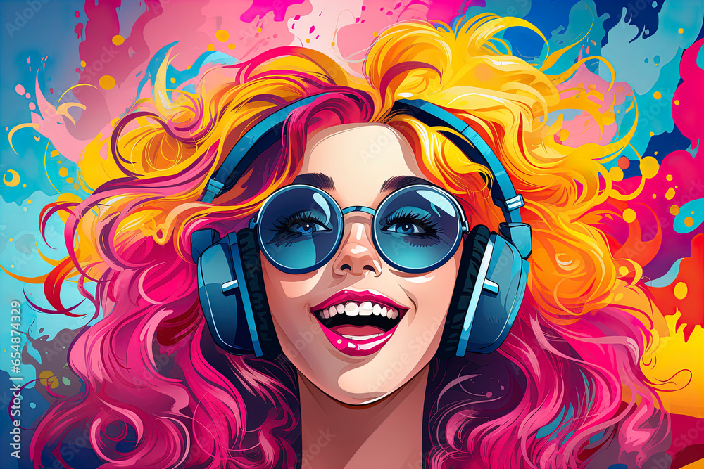 Beautiful young woman with colourful hair in headphones, Happy young woman is listening to music in headphones and sings, colorful background in pop art retro comic style,  - obrazy, fototapety, plakaty 
