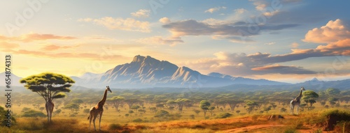A herd of giraffes roams freely in their natural habitat, set against the majestic mountain backdrop. This scene offers an opportunity to emphasize the beauty and serenity of the wilderness. © lililia