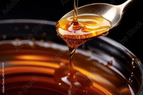 Close up of glass jar full of natural honey with a spoon