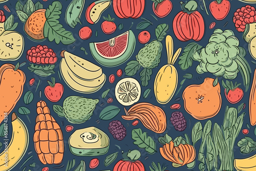 Seamless pattern with various whole and sliced fruits, berries, and vegetables. Summer vector background with juicy fruits, suitable for wallpaper, wrapping paper, fabric, textile, and design.