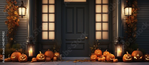 Halloween themed front door with pumpkins with copyspace for text