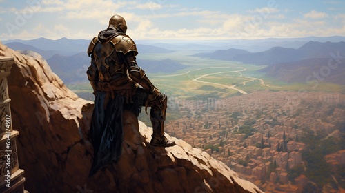 medieval knight on the edge of high ground, ai generative photo
