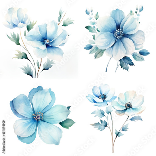 Blue flowers and leaves hand drawn illustration watercolor painting  abstract background