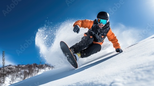 Professional Male Snowboarder Playing Snowboarding Using Snowboard Equipment on Snow Hill