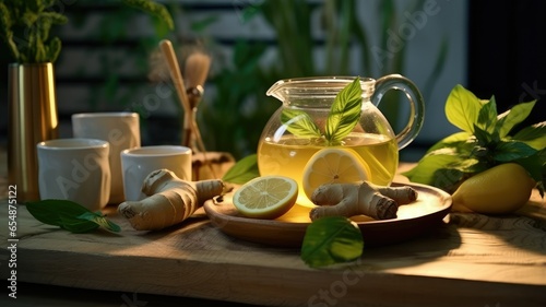 a cup filled with aromatic ginger drink, accompanied by a teapot, ginger root, and fresh green leaves on a wooden table. This front-view composition is perfect for conveying the warmth