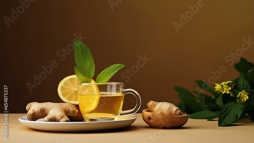 a cup filled with aromatic ginger drink, accompanied by a teapot, ginger root, and fresh green leaves on a wooden table. This front-view composition is perfect for conveying the warmth