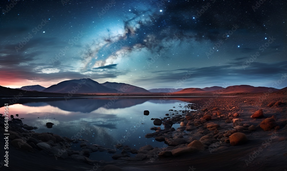 Naklejka premium view of rock lake with beautiful arctic sky, ai generative