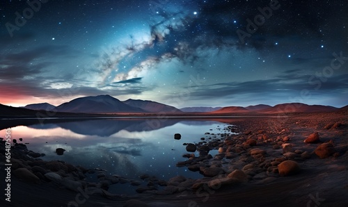 view of rock lake with beautiful arctic sky, ai generative