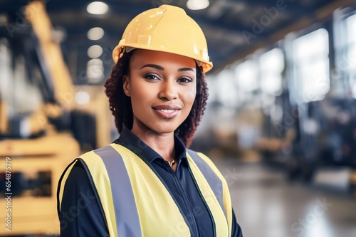 Portrait of young beautiful engineer african american woman working in factory building outdoor
