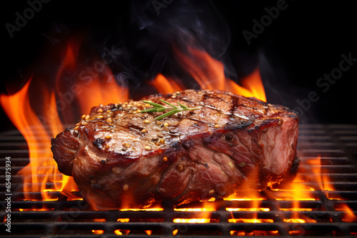 Grilled steak on the grill with flame in dark black background,closeup