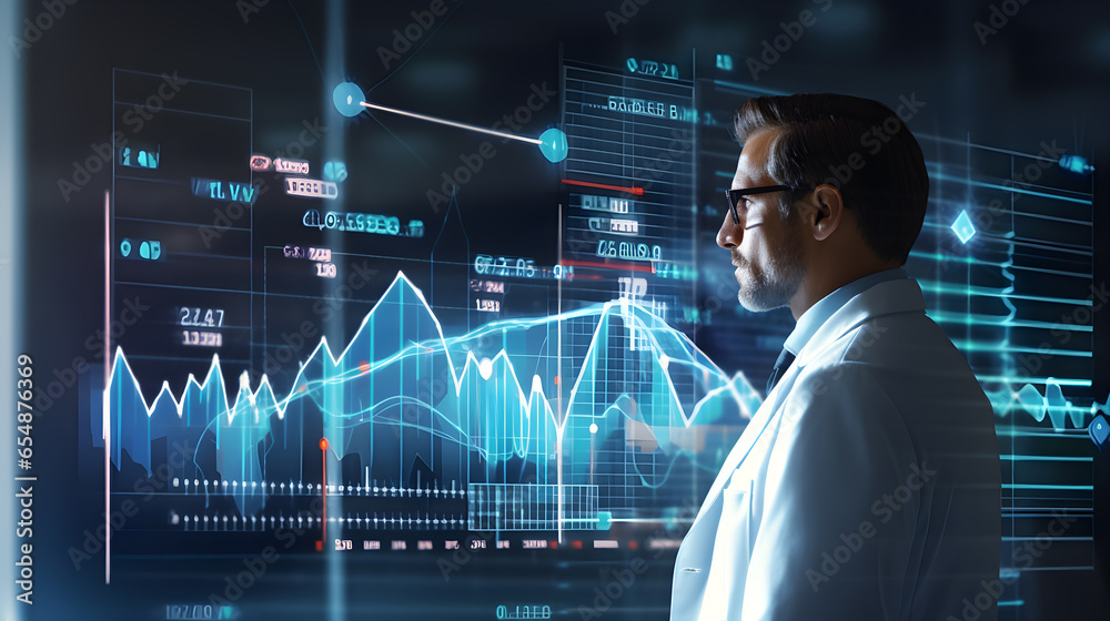 Health business graph, business man looking and analyzing graph Health business graph, business man looking and analyzing graph