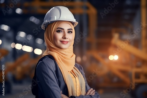 Portrait of young beautiful engineer muslim woman working in factory building outdoor © Salsabila Ariadina
