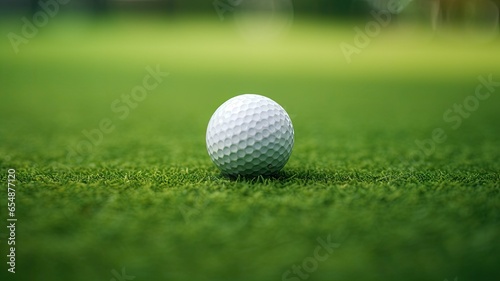 a golf ball sitting on the smooth, short-cropped grass of a putting green. The ball's texture and the precision of the green create an ideal composition.