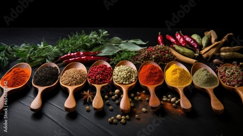a variety of colorful spices, each held in a different wooden spoon, arranged on a sleek black stone background. The composition leaves ample space for text or additional elements.