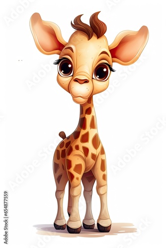 A adorable baby giraffe with big eyes standing against a white background created with Generative AI technology