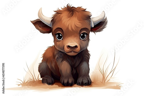 A cute baby bison sitting in the grass in a cartoon-style illustration created with Generative AI technology