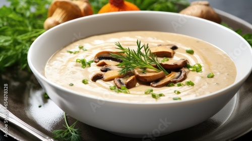 creamy mushroom soup adorned with fresh chanterelles and delicate herbs on a clean white wooden background.
