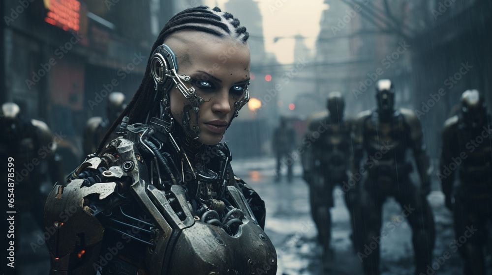 A robotic feminist woman with artificial intelligence leads a machine rebellion against humans. Dangers of robots, technological progress and transhumanism. - obrazy, fototapety, plakaty 