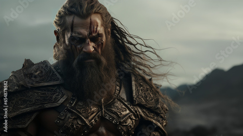 A barbarian with a fierce expression, black war paint on his face, viking armor, beard and long hair blowing in the wind, and a cloudy nordic mountain background.